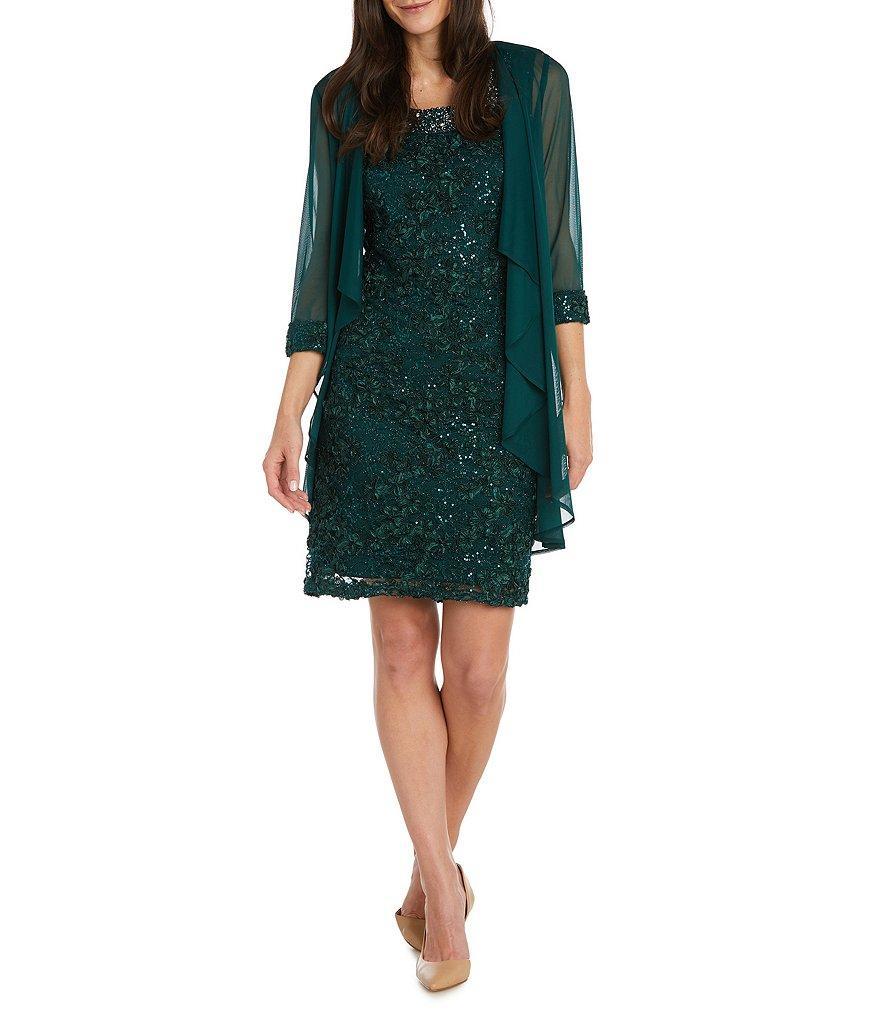 R & M Richards 3/4 Sleeve Beaded Crew Neck Lace 2-Piece Jacket Dress Product Image