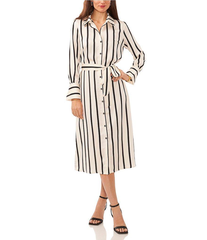 Vince Camuto Striped Point Collar Long Cuffed Sleeve Charmeuse Button Front Belted Midi Shirt Dress Product Image