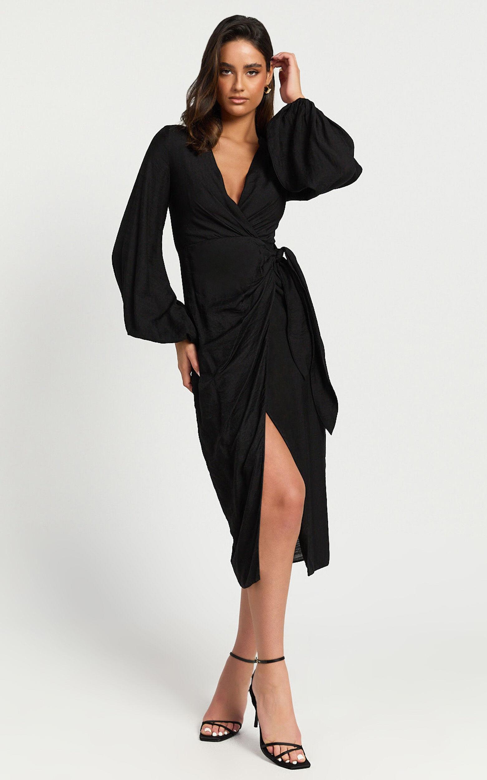 Taylor Midi Dress - Long Sleeve Wrap Dress in Black Product Image