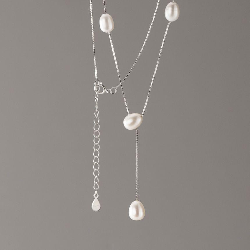 925 Sterling Silver Faux Pearl Lariat Necklace Product Image