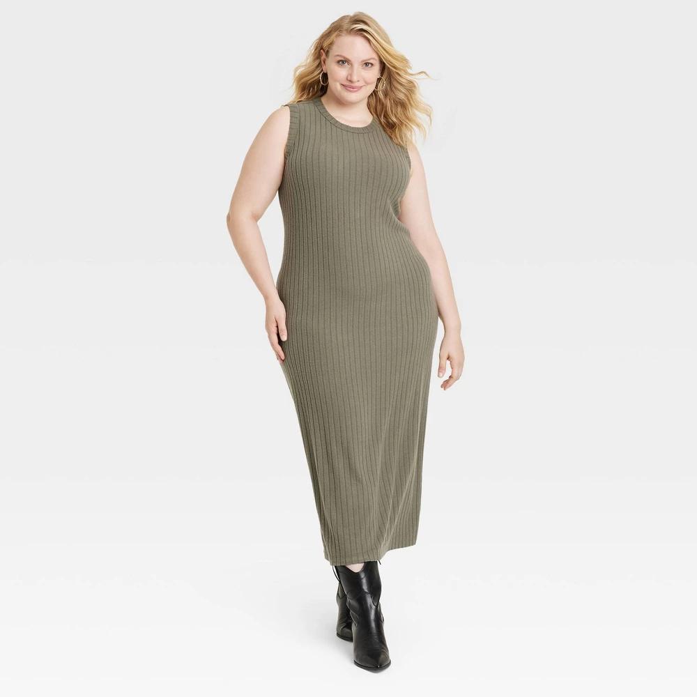 Womens Rib-Knit Midi Bodycon Dress - Universal Thread Olive 1X Product Image