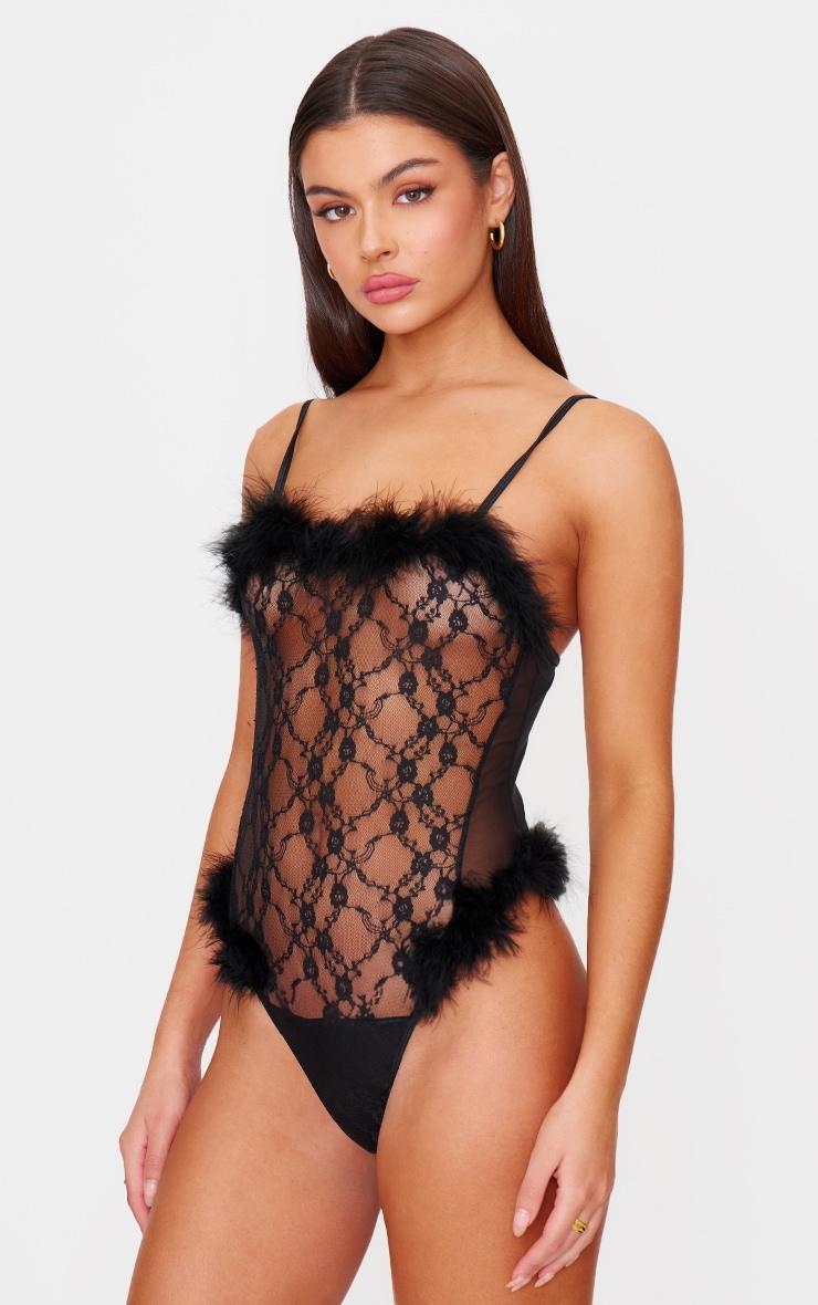 Black Lace Feather Trim Lingerie Bodysuit Product Image