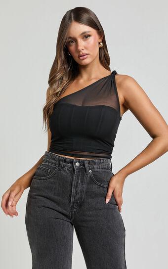 Zayla Top - One Shoulder Knot Mesh Corset Top in Black Product Image