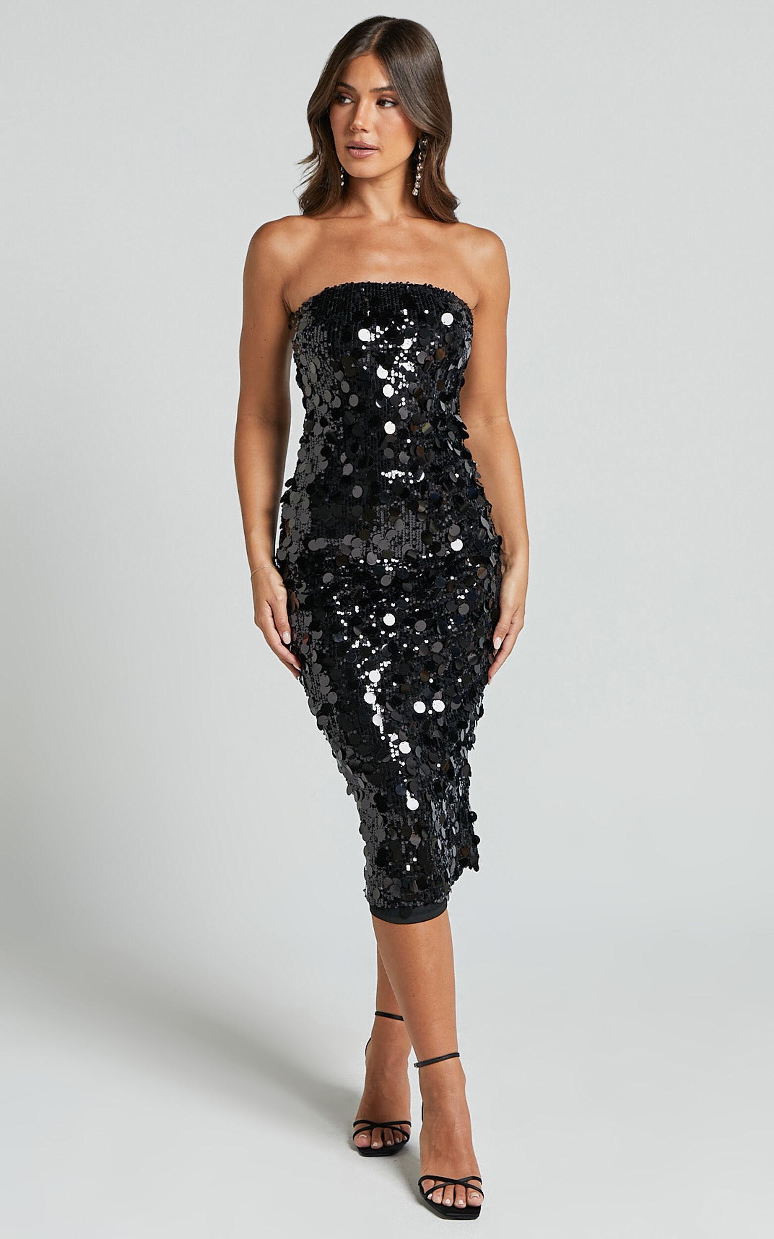 Aliona Midi Dress - Strapless Bodycon Sequin Dress in Black Product Image