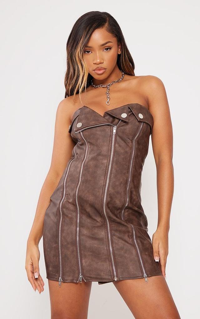 Brown Faux Leather Zip Detail Mini Dress Product Image