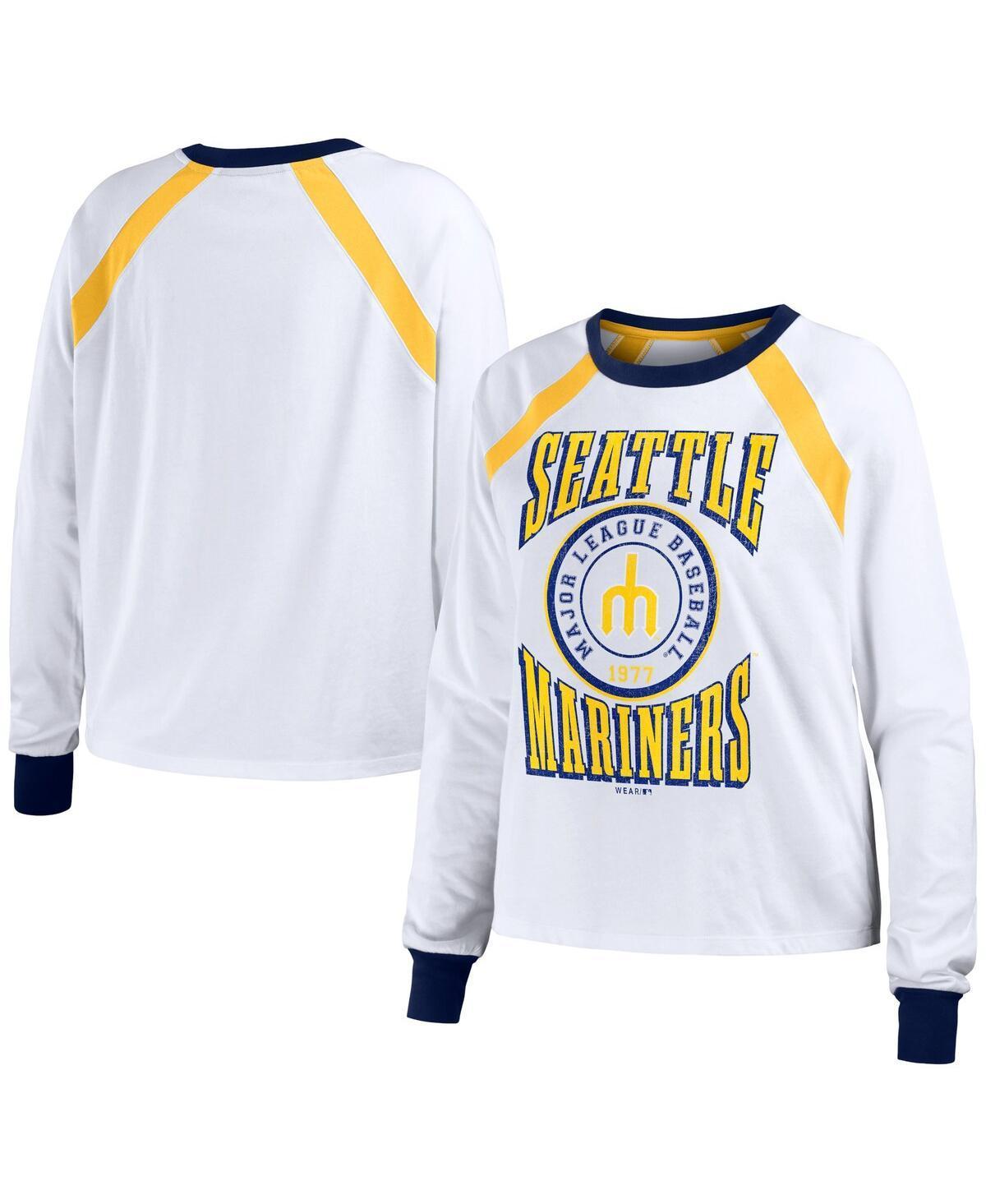 Womens Wear by Erin Andrews White Distressed Seattle Mariners Raglan Long Sleeve T-shirt Product Image