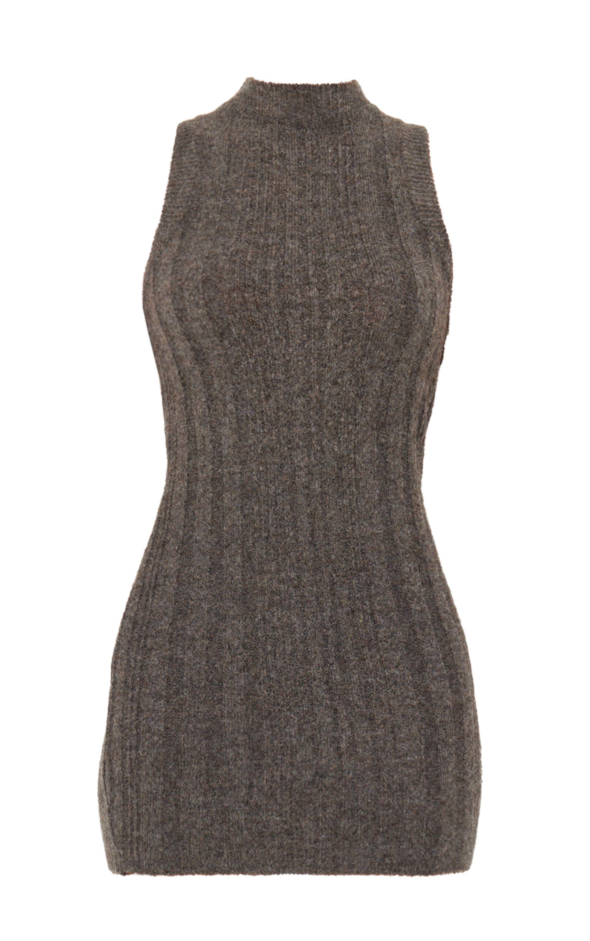 Ash Brown High Neck Knit Mini Dress Product Image