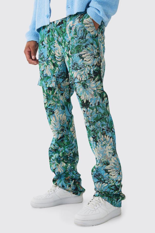 Fixed Waist Slim Flare Stacked Floral Tapestry Cargo Pants | boohooMAN USA Product Image