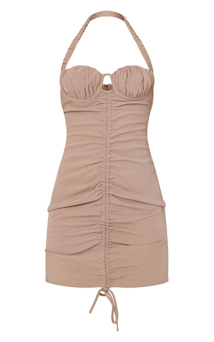 Taupe Ruched Front Halterneck Bodycon Dress Product Image