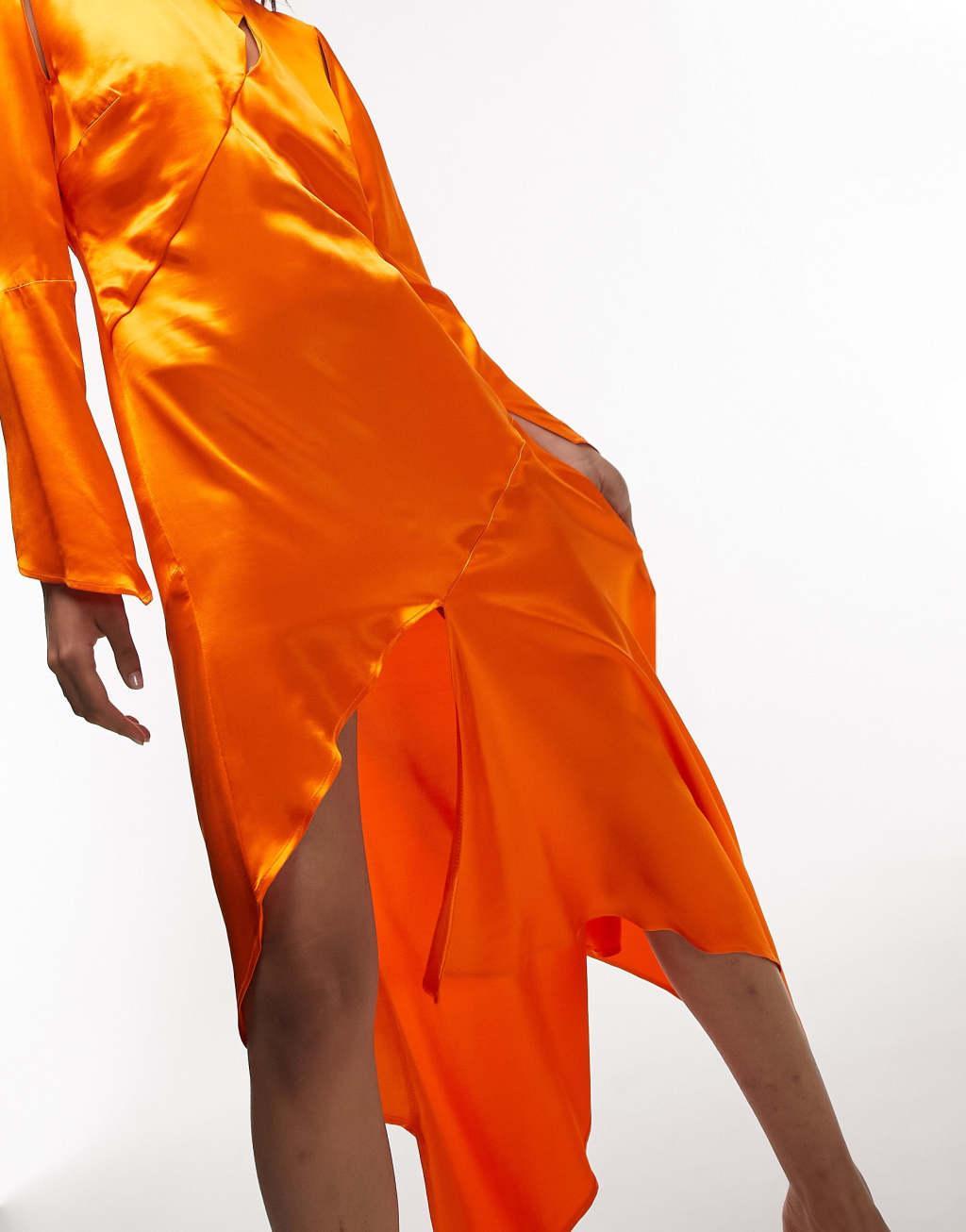 Topshop satin asymmetric slash detail midi dress in orange Product Image