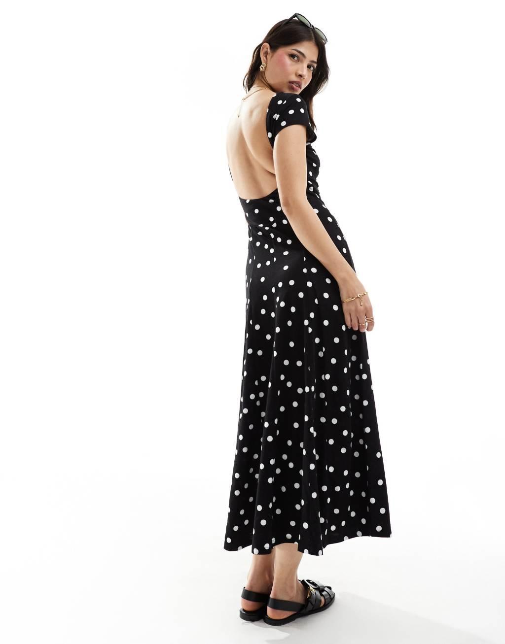 ASOS DESIGN short sleeve low back maxi dress in monochrome polka dot Product Image