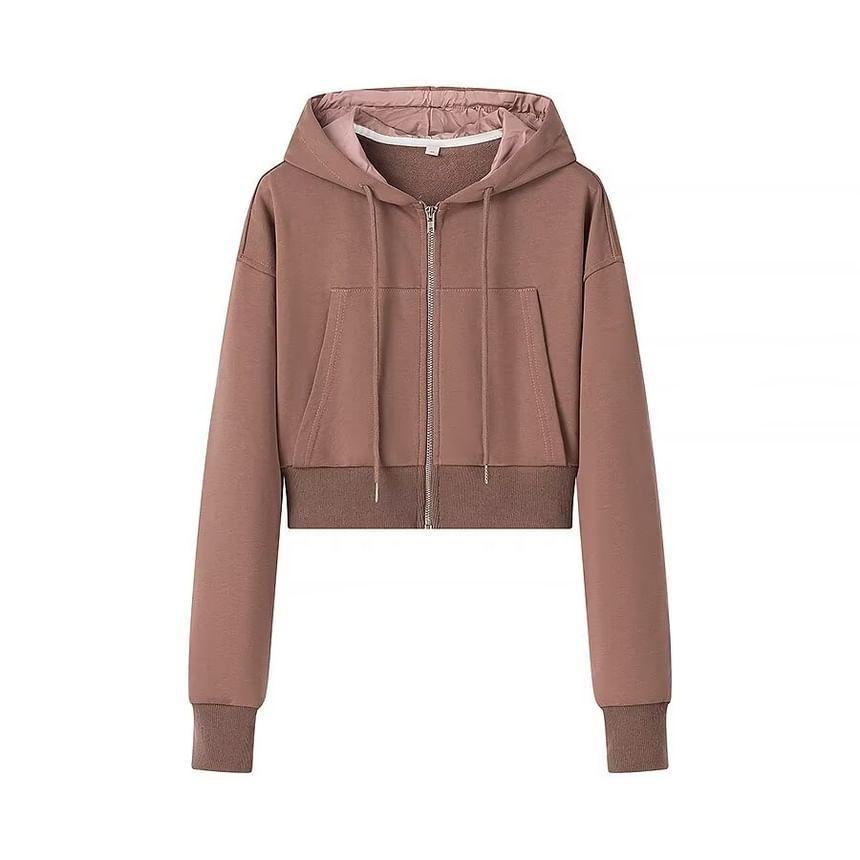 Drawstring Plain Zip Up Cropped Hoodie Product Image