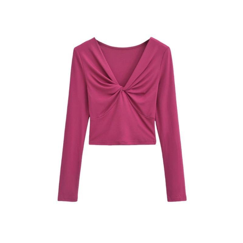 Long-Sleeve V-Neck Plain Twisted Slim Fit Crop Tee Product Image