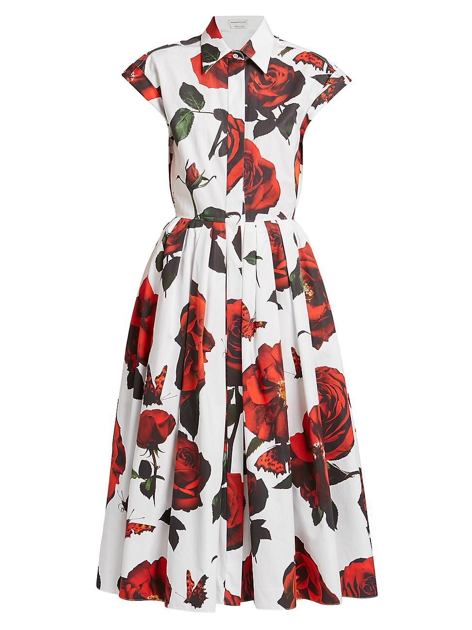 Womens Rose-Print Cotton Midi-Dress Product Image