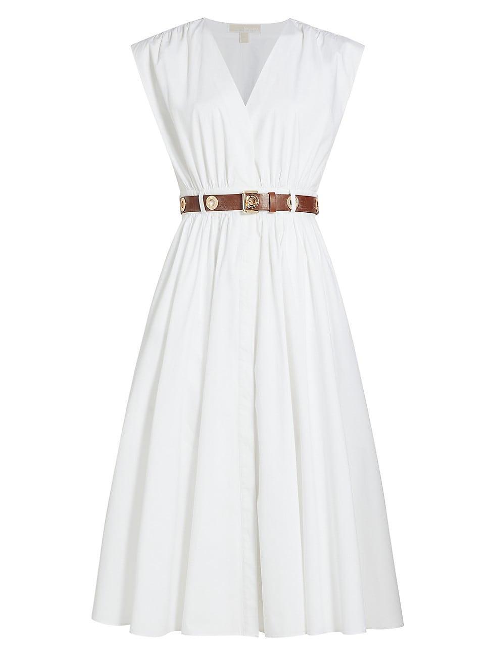 Womens Stretch-Cotton Poplin Belted Midi-Dress Product Image