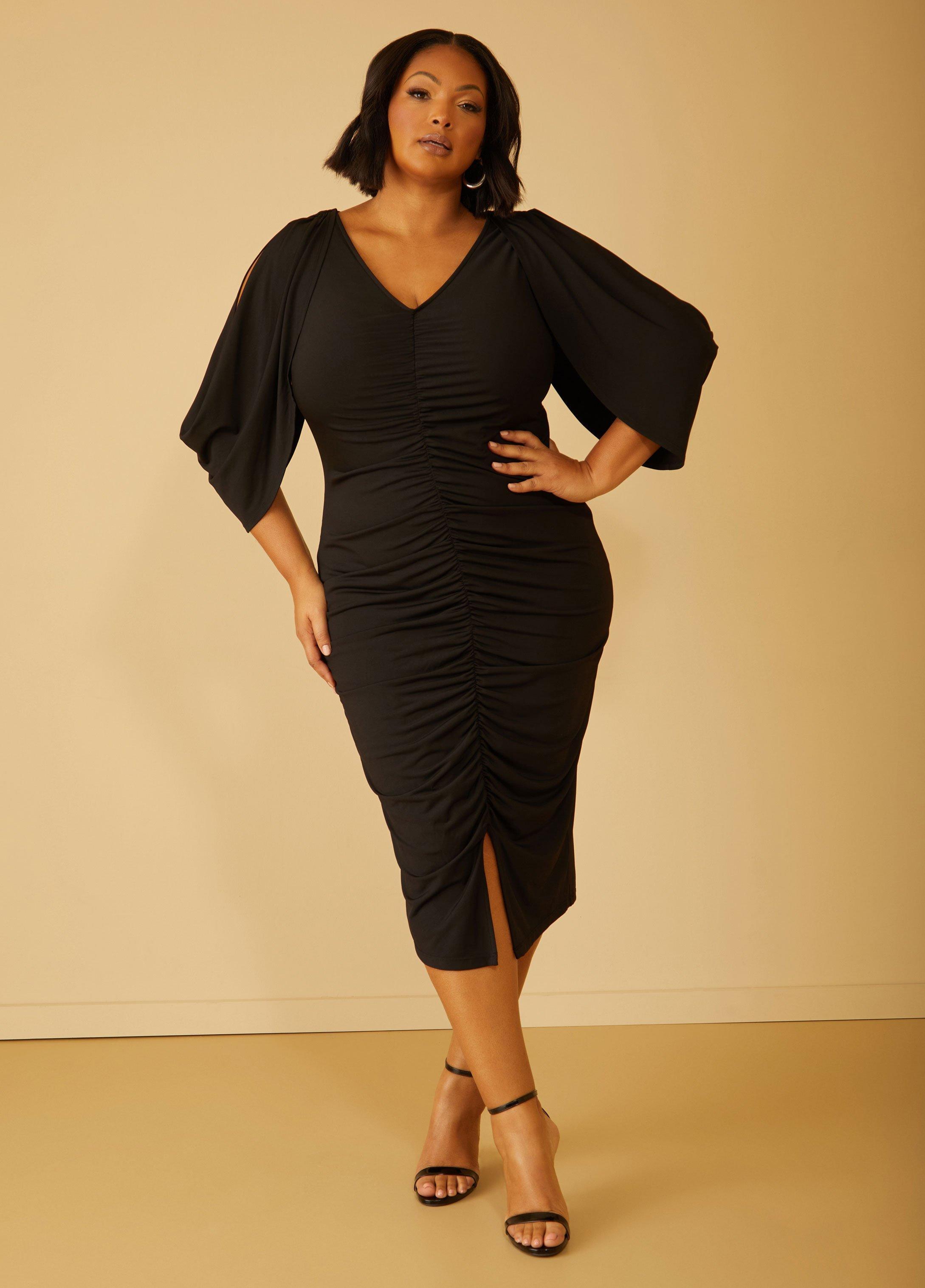 Plus Size Ruched Split Sleeved Bodycon Dress Ashley Stewart Product Image