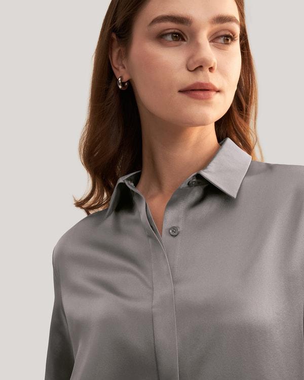 Basic Concealed Placket Silk Shirt Product Image