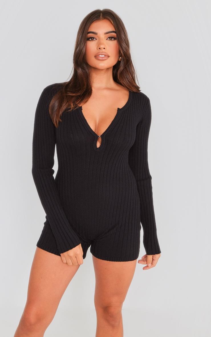 Black Ribbed Soft Knit Hook & Eye Romper Product Image