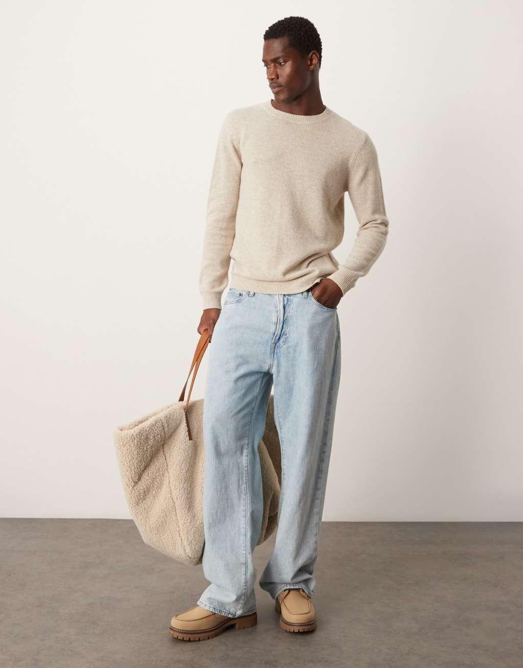 ASOS DESIGN lambswool crew neck sweater in oatmeal Product Image