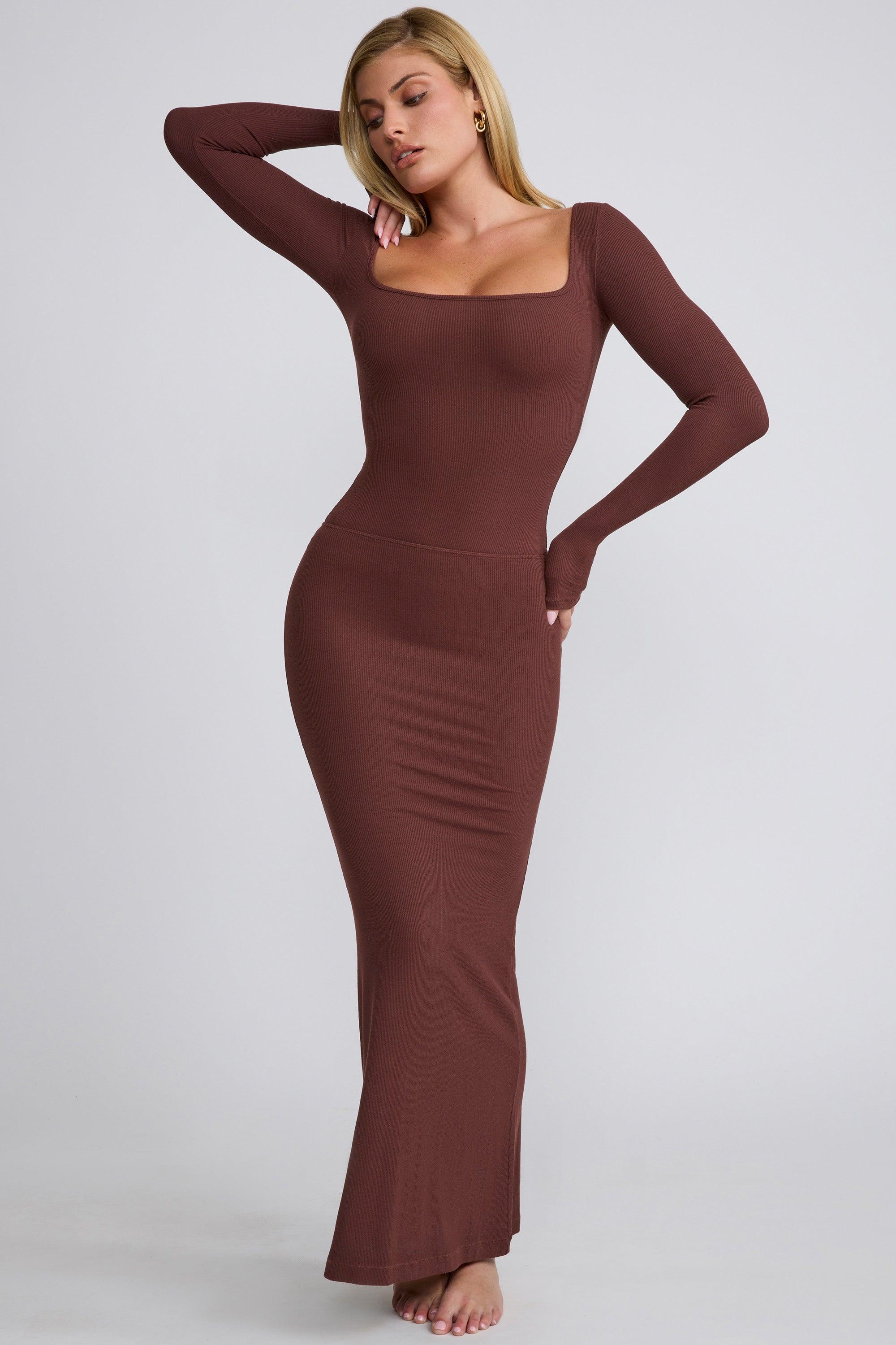 Ribbed Modal Mid Rise Maxi Skirt in Chocolate Product Image