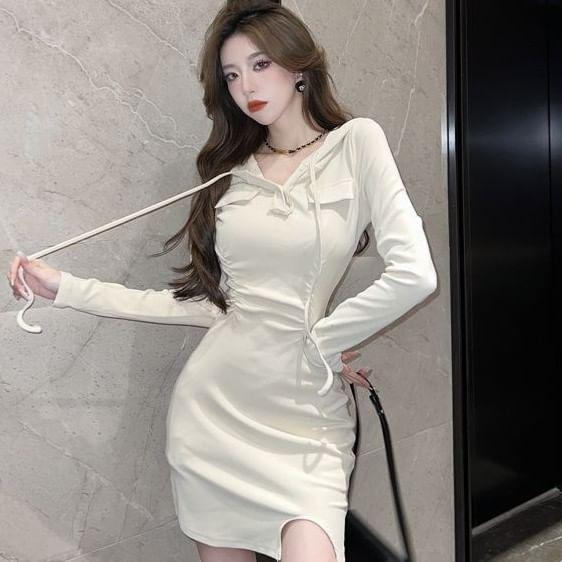 Long-Sleeve Plain Hooded Mini Sheath Dress Product Image