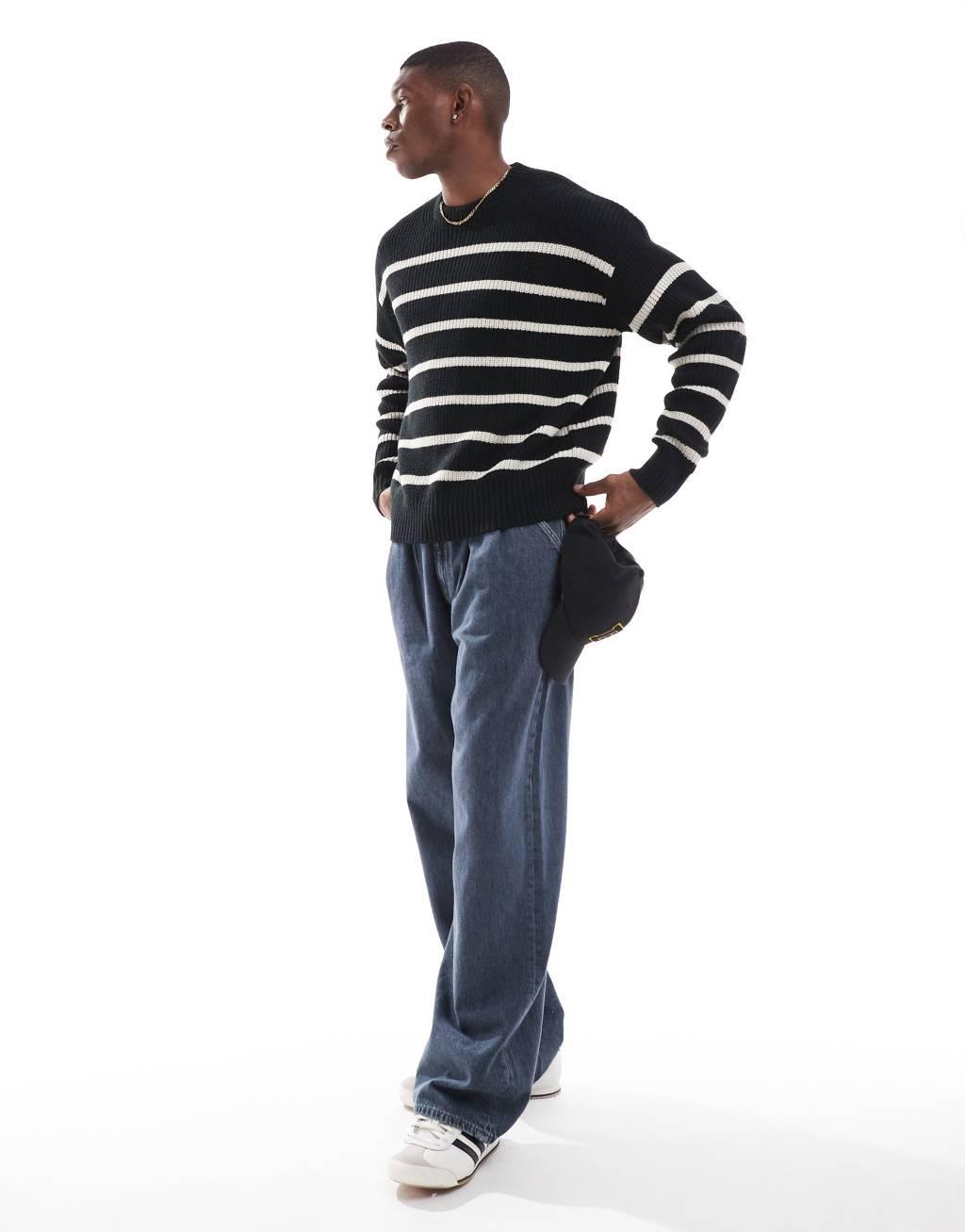 Bershka striped knitted sweater in black Product Image