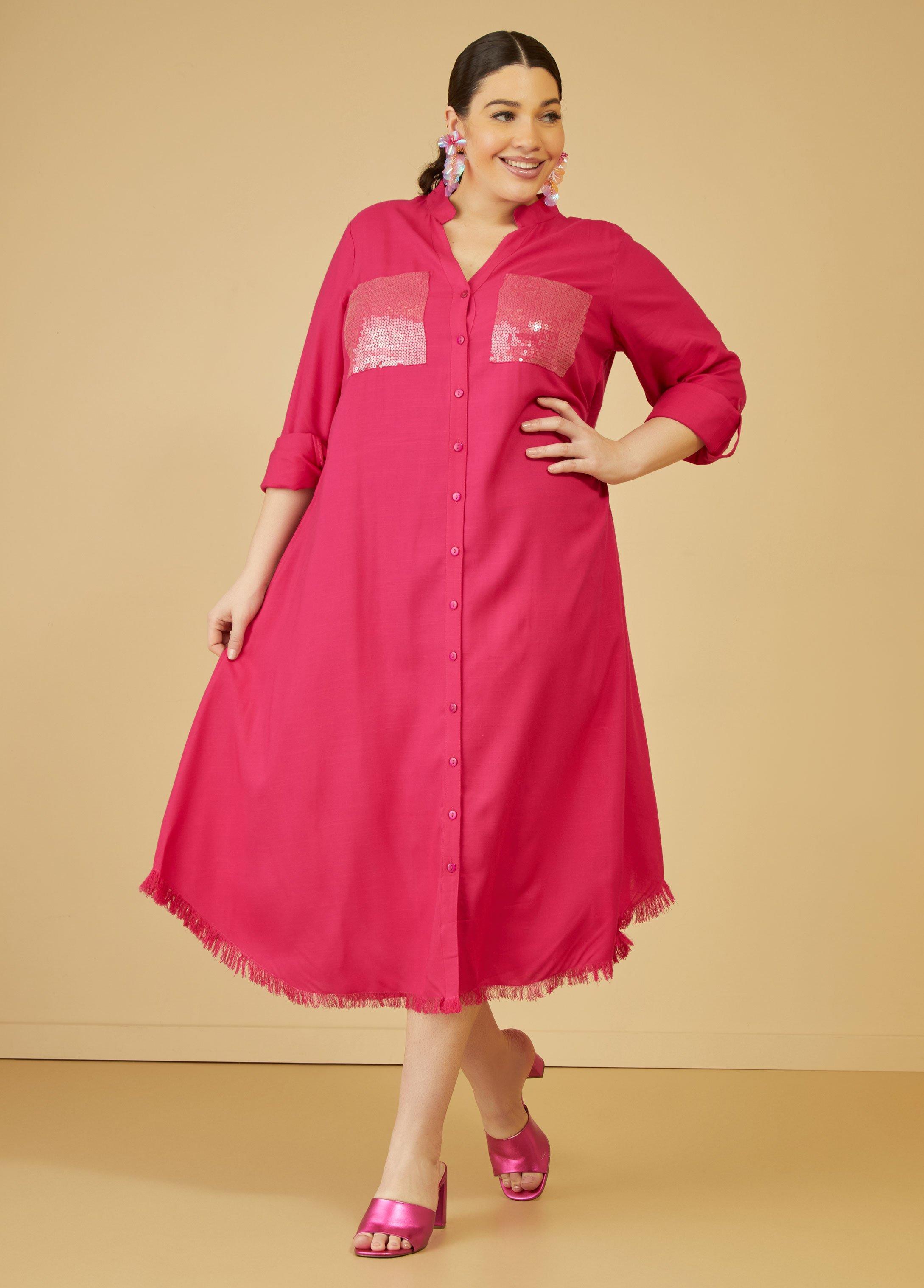 Plus Size Slub Woven Sequined Shirtdress Ashley Stewart Product Image