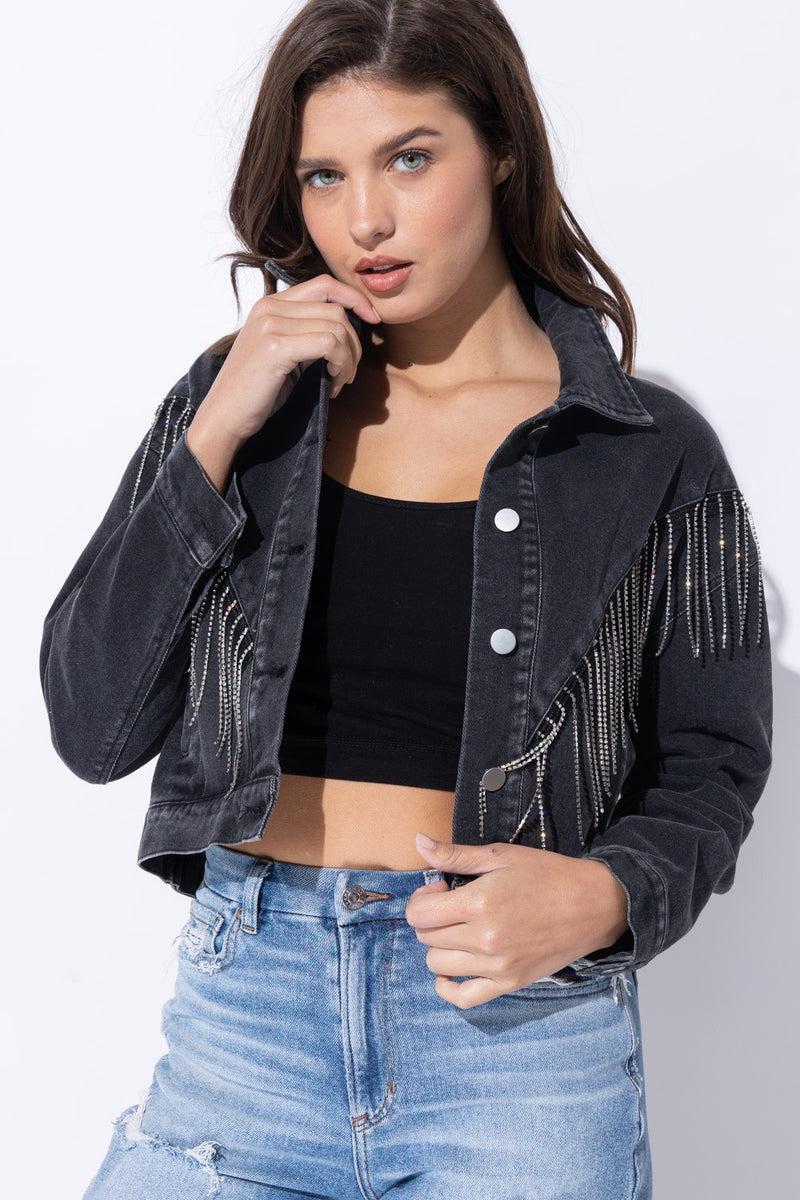 Rhinestone Fringe Detail Denim Jacket Product Image