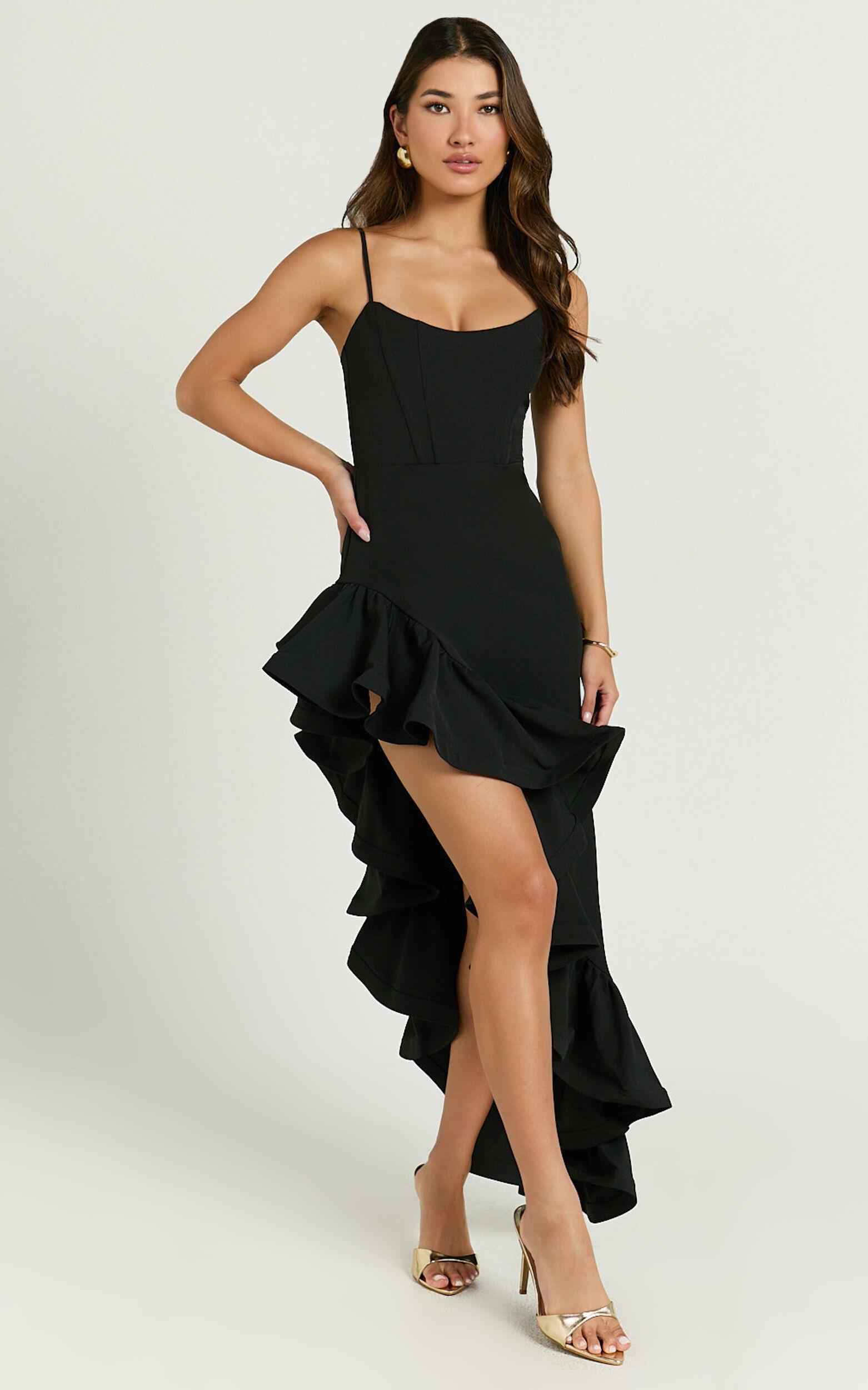 Maura Maxi Dress - Scoop Neckline Ruffle High Low Dress in Black Product Image