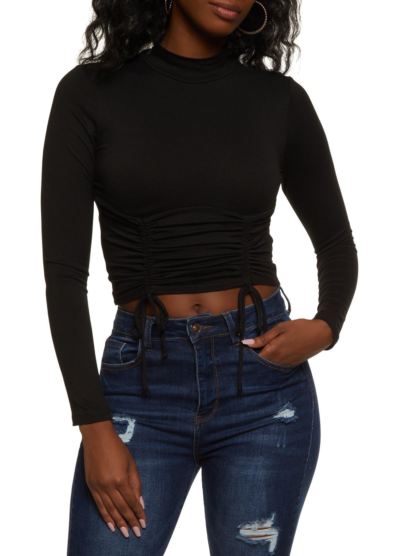 Womens Mock Neck Ruched Long Sleeve Crop Top Product Image