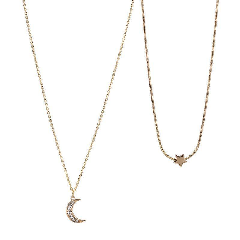 FAO Schwarz Gold Tone Crystal Star & Moon Duo Necklaces Set, Womens Product Image