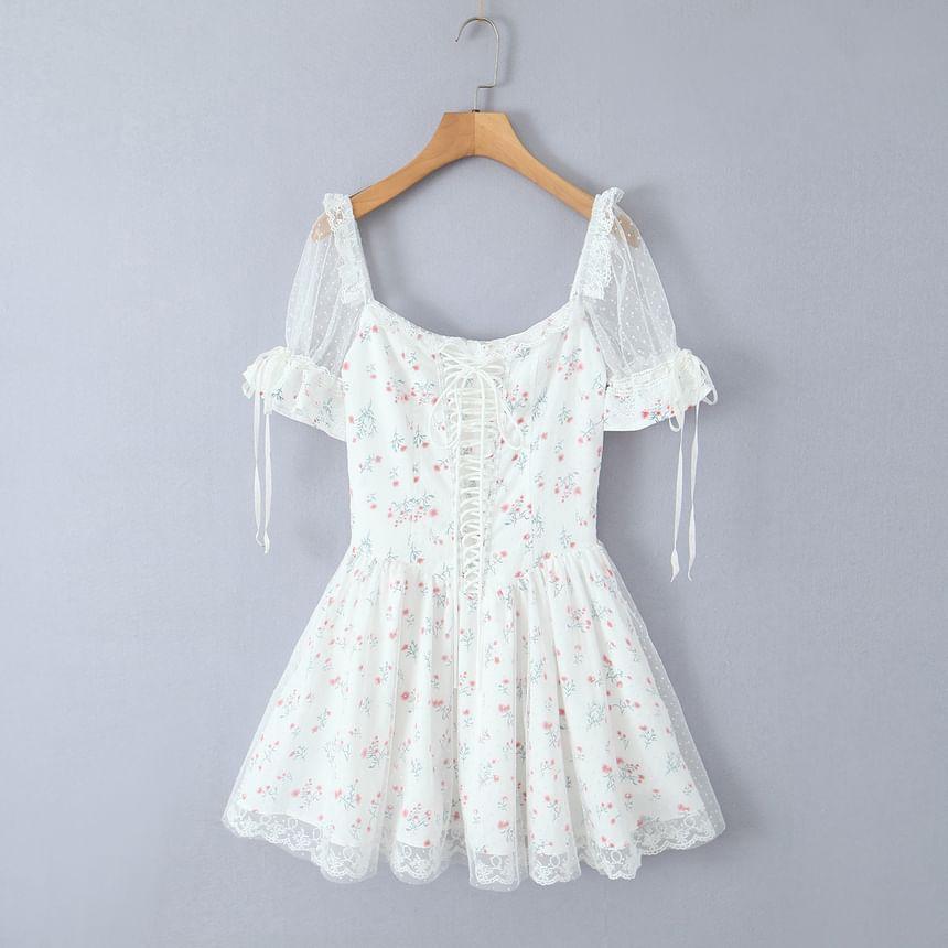 Short-Sleeve Square Neck Floral Print Mini A-Line Dress Product Image