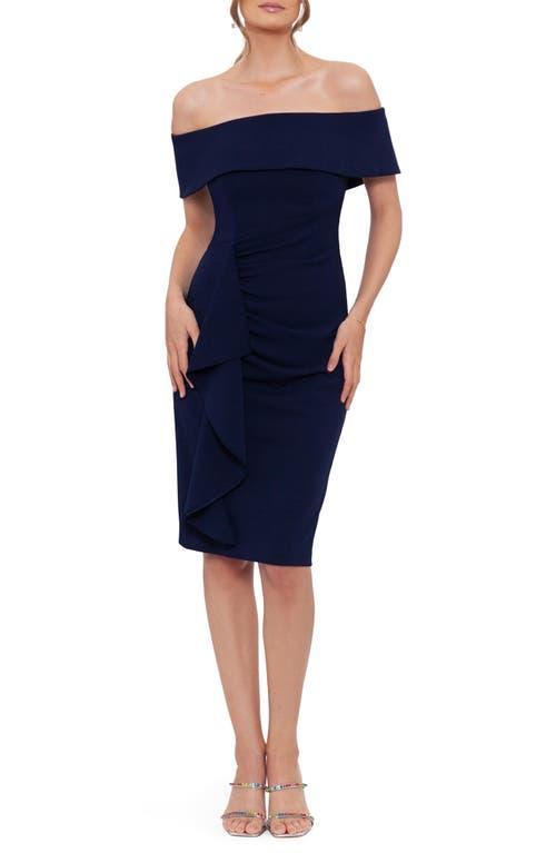 Xscape Evenings Off the Shoulder Ruffle Scuba Sheath Dress Product Image