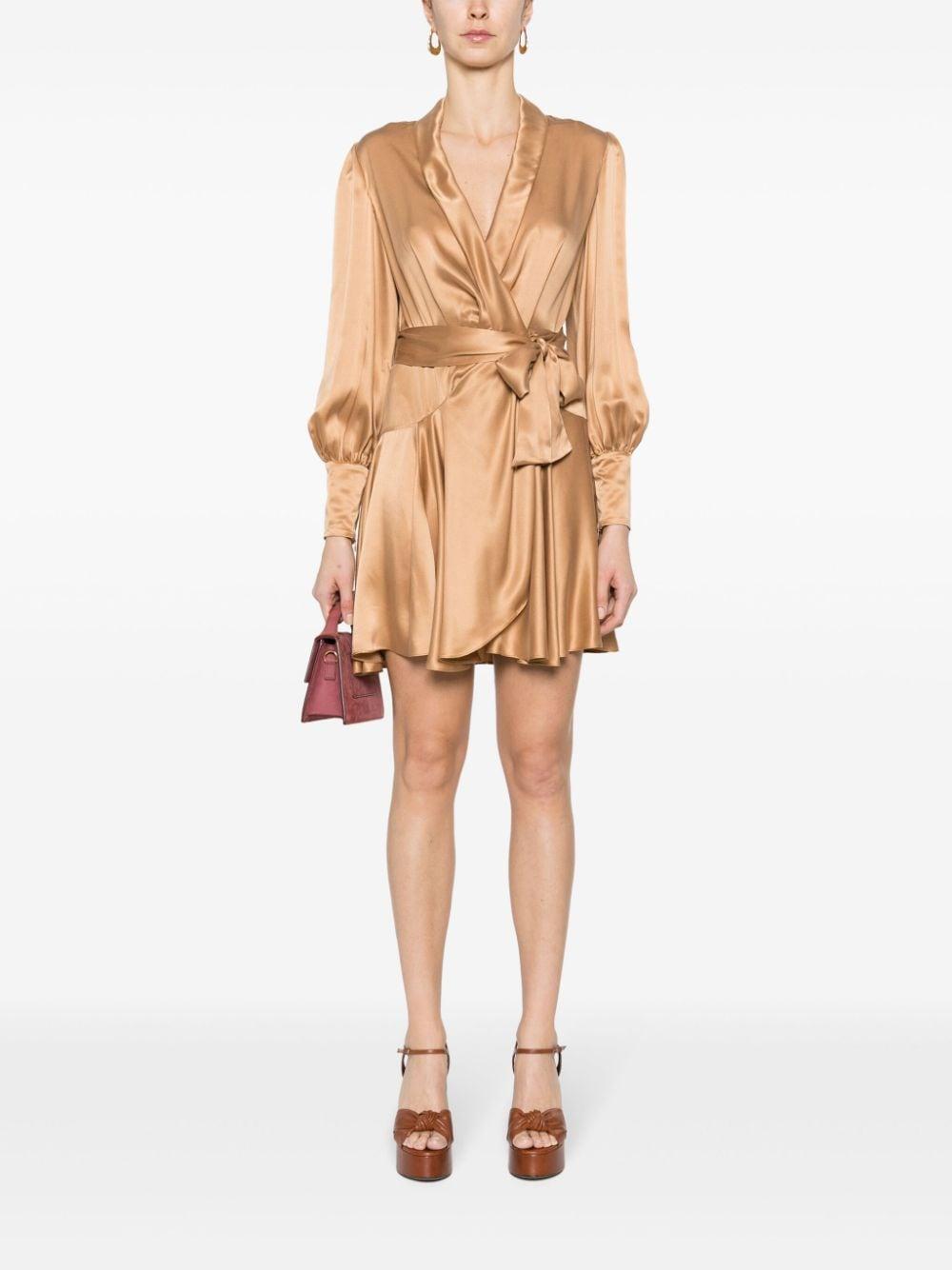 Long-sleeve Wrap Silk Minidress In Sand product image