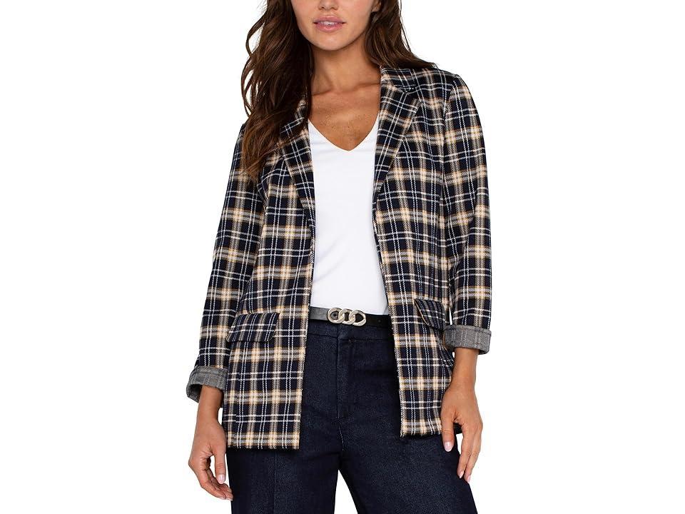 Liverpool Los Angeles Petite Boyfriend Blazer Tartan Plaid Jacquard Knit (Dark Navy Tartan Plaid) Women's Jacket Product Image