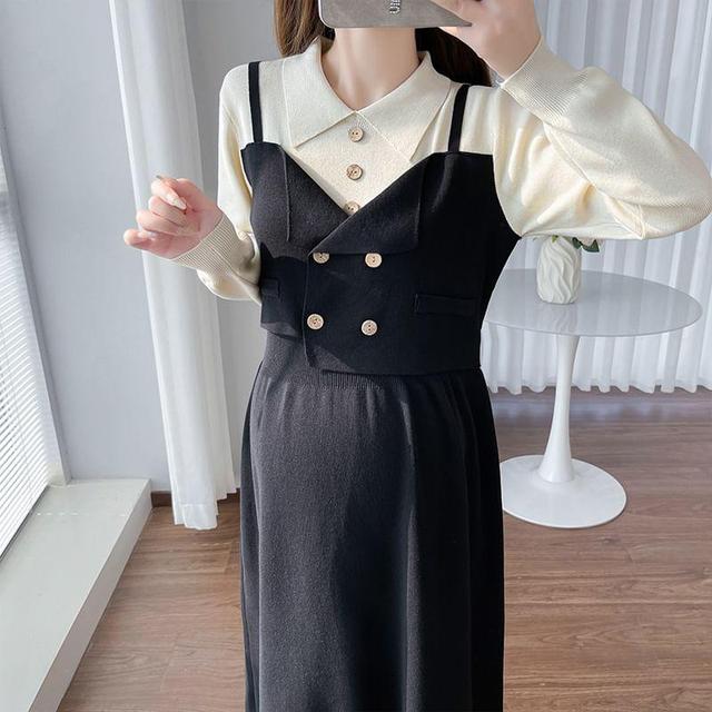 Maternity Long-Sleeve Collar Two Tone Mock Two-Piece A-Line Dress Product Image