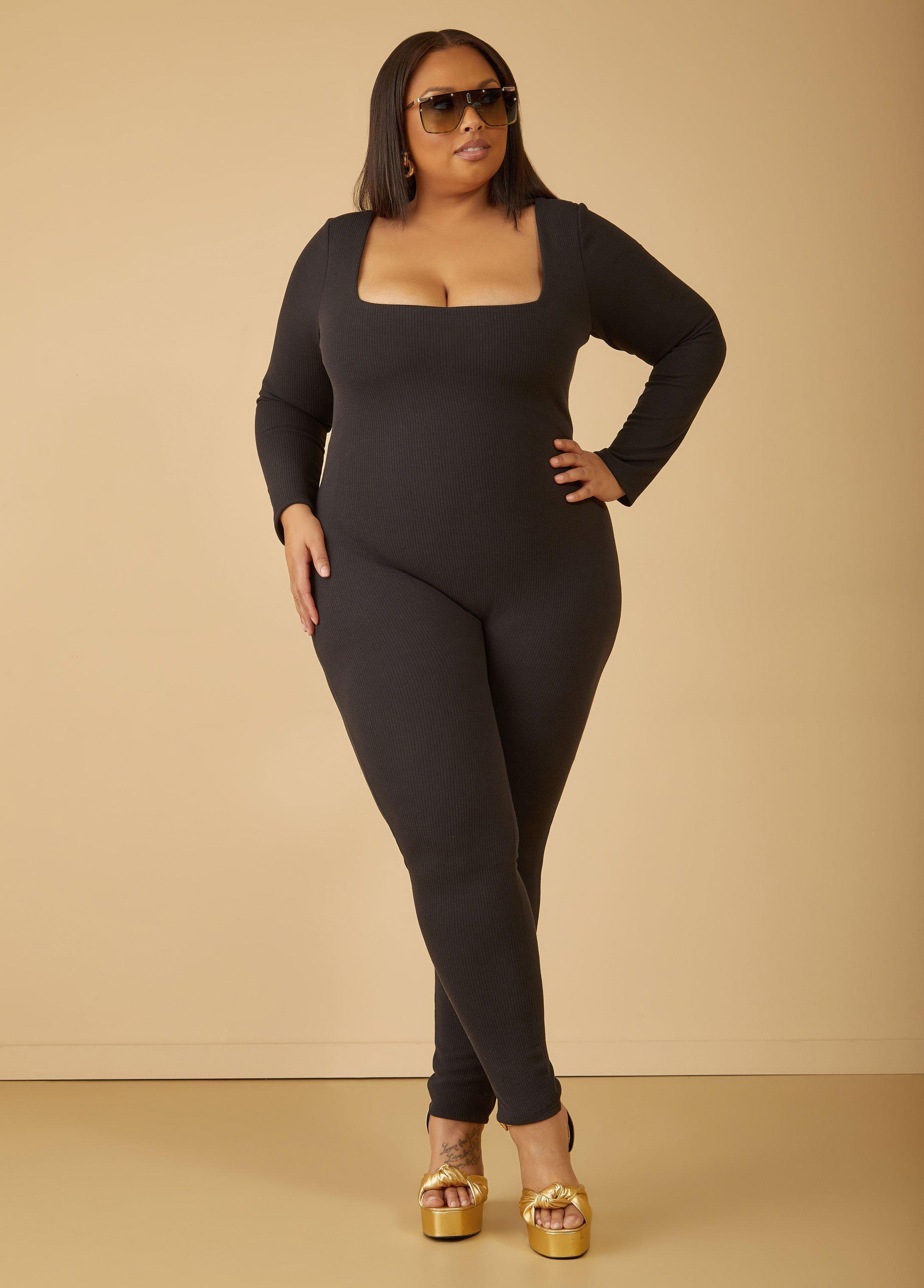 Plus Size Ribbed Square Neck Jumpsuit Ashley Stewart Product Image