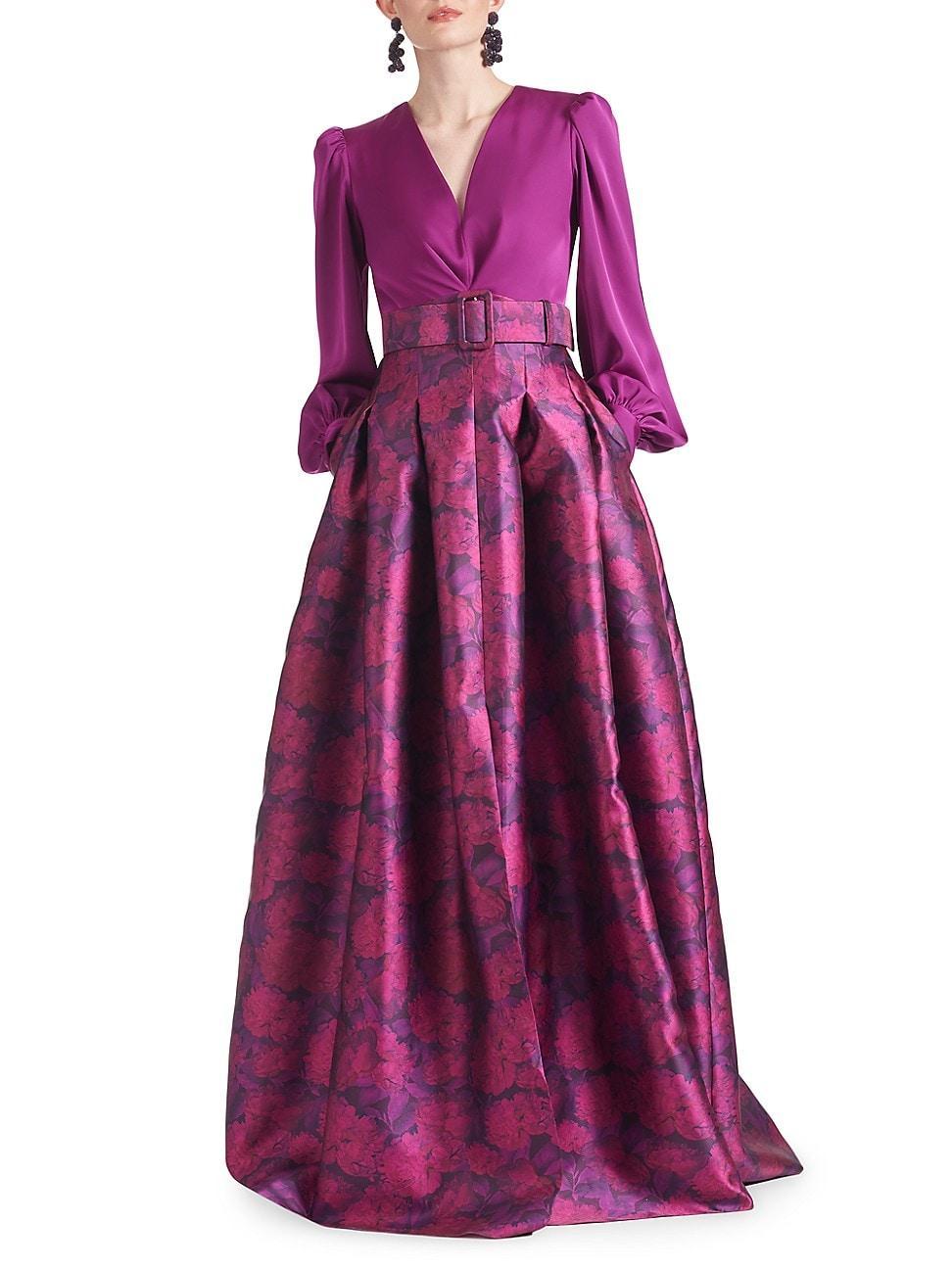 Zoe Belted Floral-Print Blouson-Sleeve Gown Product Image