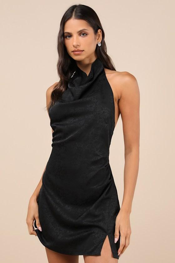 Simply a Stunner Black Jacquard Cowl Backless Mini Dress Product Image