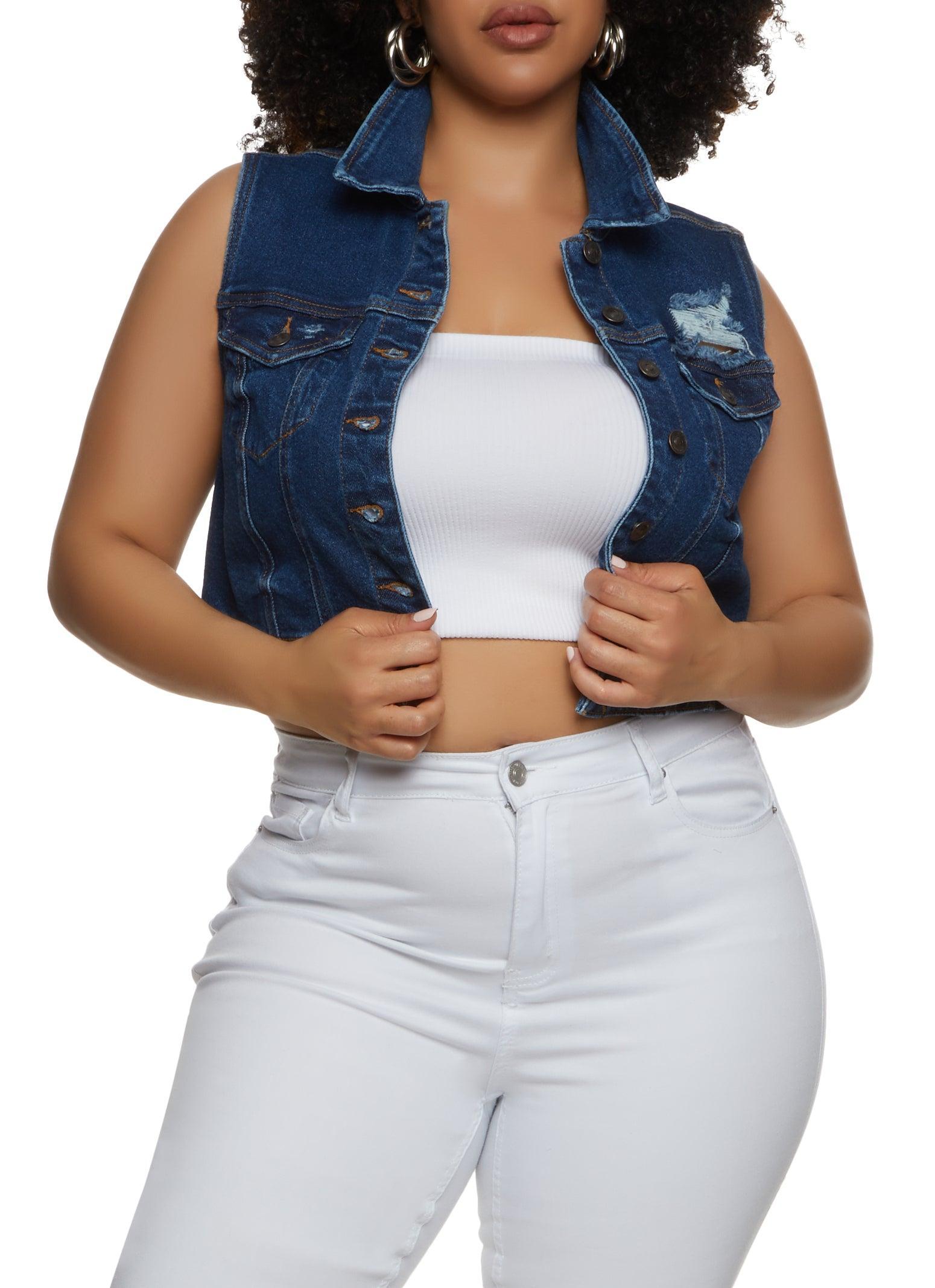 Womens Plus Size WAX Distressed Cropped Denim Vest Product Image