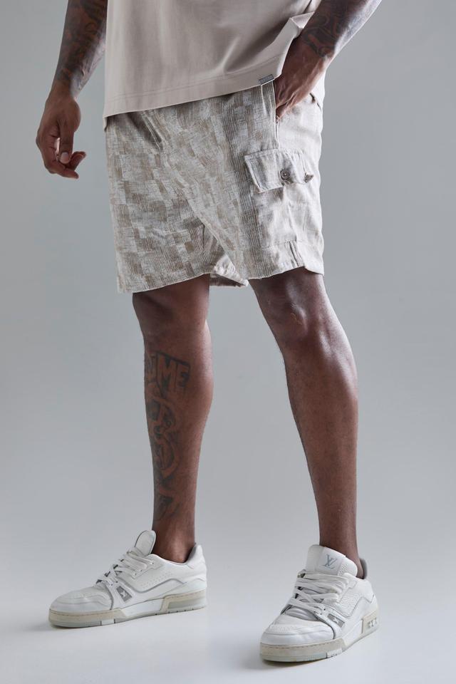 Mens Beige Plus Elasticated Waist Textured Cargo Short In Stone, Beige Product Image