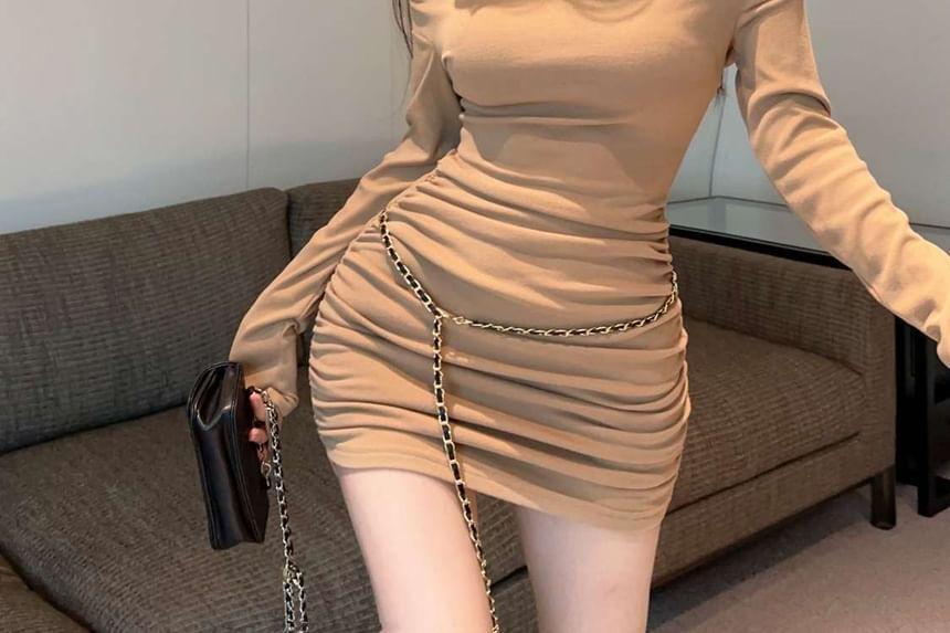 Long Sleeve Off Shoulder Plain Ruched Mini Sheath Dress Product Image