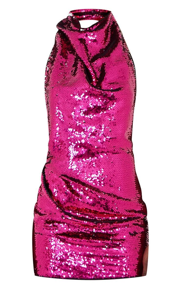 Pink Sequin High Neck Backless Bodycon Dress Product Image