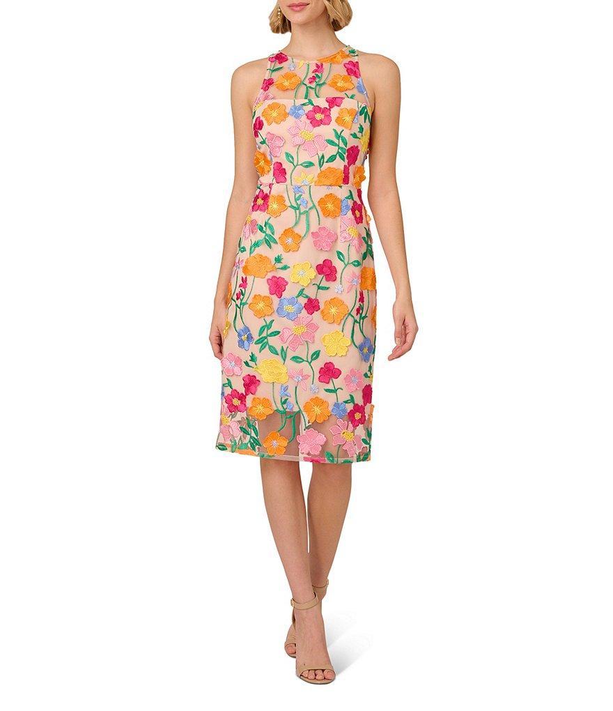 Adrianna Papell Floral Embroidered Crew Neck Sleeveless Dress Product Image