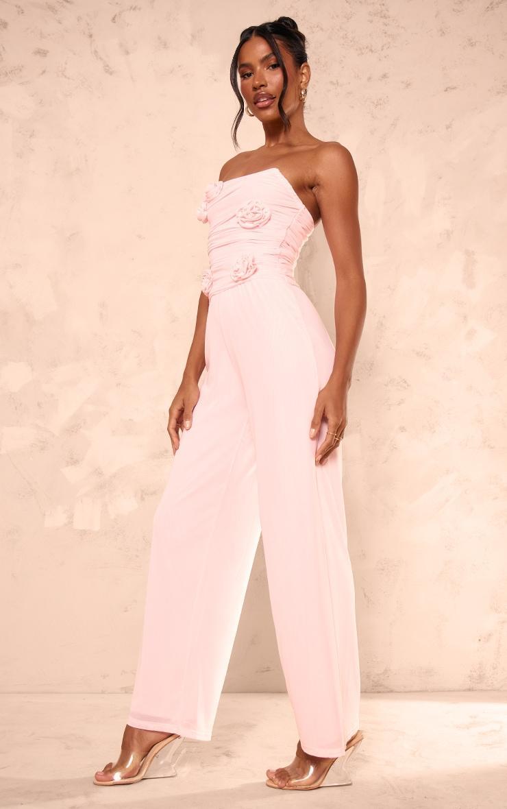 Pale Pink Mesh Overlay Bandeau Rose Applique Jumpsuit Product Image