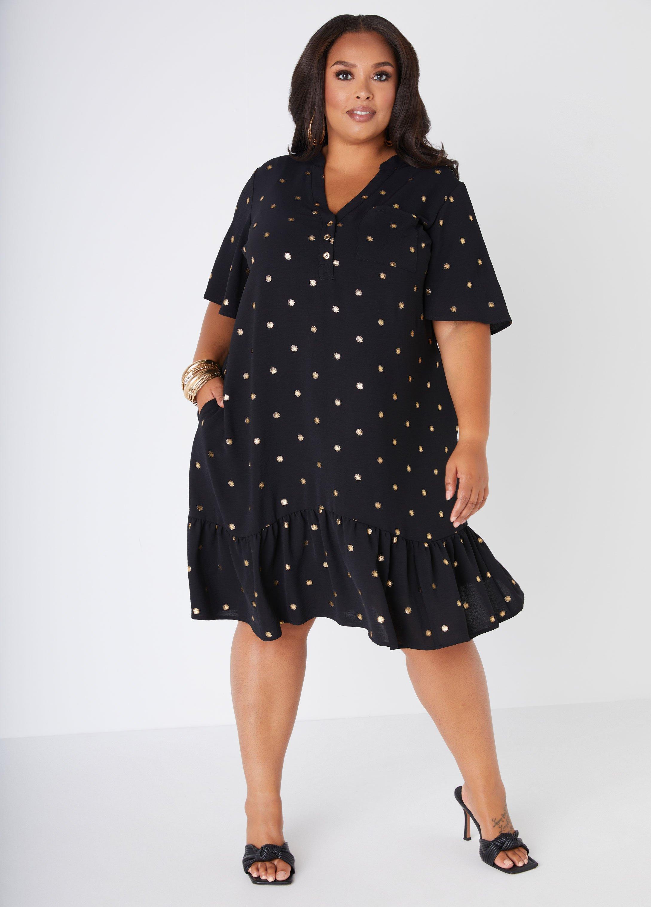 Plus Size Metallic Print Flounced Dress Ashley Stewart Product Image