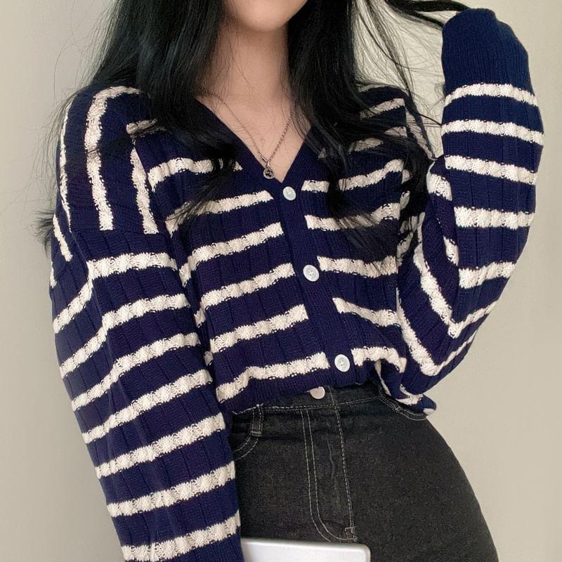 V-Neck Striped Ribbed Cardigan Product Image