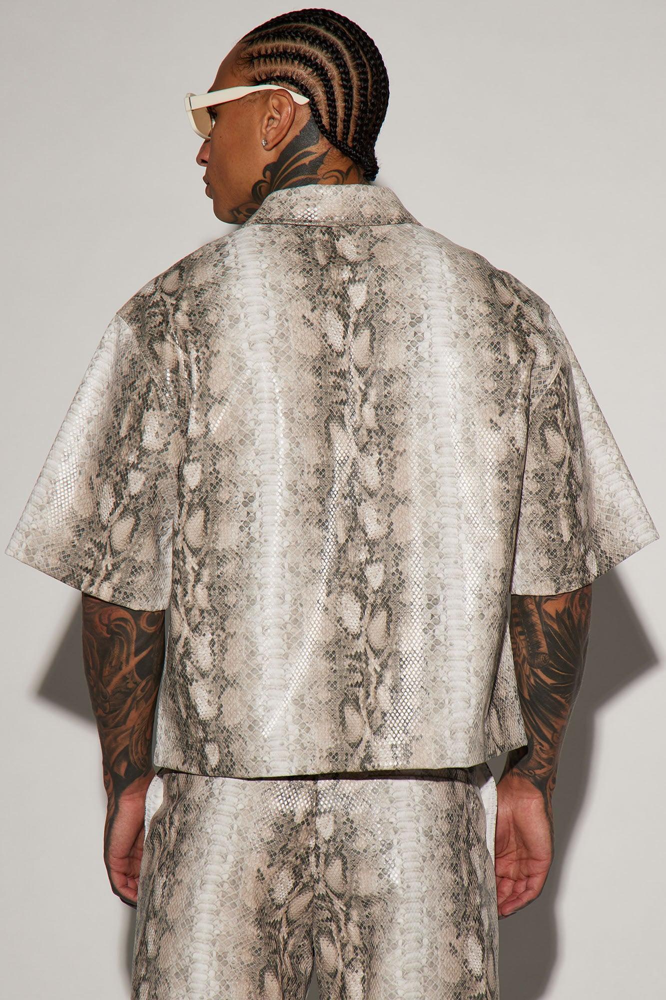 Cage's Faux Python Leather Cropped Button Up Shirt - Cream/combo Product Image