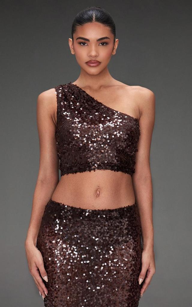 Dark Brown Sequin Mesh One Shoulder Top Product Image