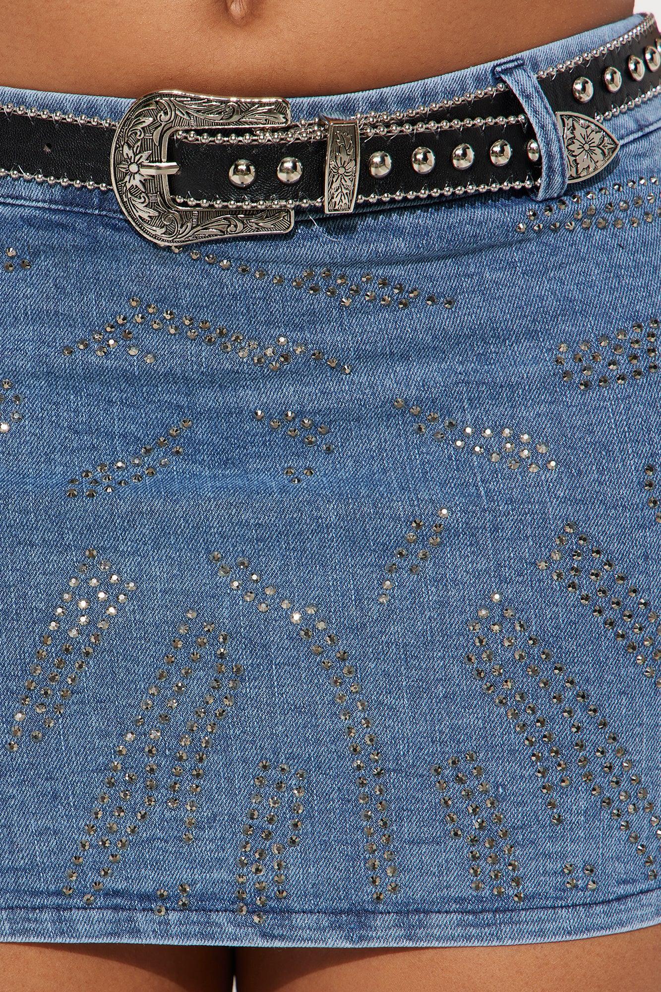 Wild One Embellished Denim Micro Mini Skirt - Medium Wash Product Image